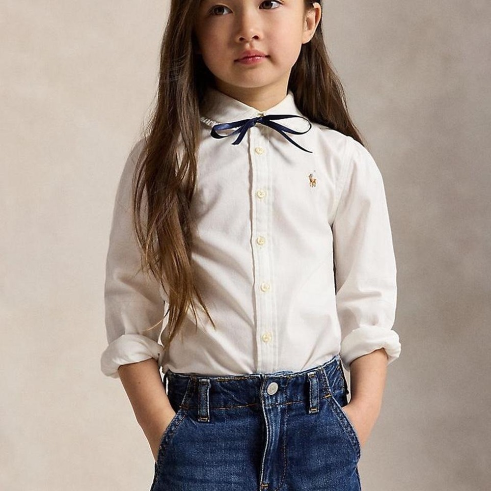 Polo Ralph Lauren Girls White Ruffle Peter Pan Collar Pique Button Down Shirt 4